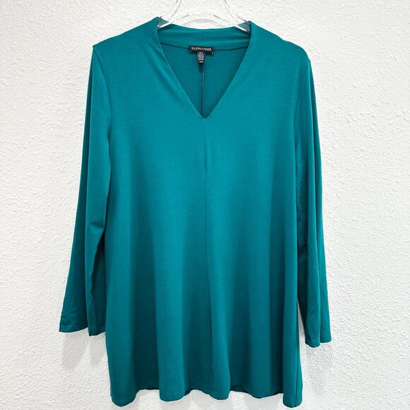 Eileen Fisher V Neck Tunic Top Women Medium Green 3/4 Sleeve Jersey Knit Modest - Picture 1 of 6